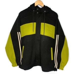 XHANGE Black Lime Green 100% Wool Zip Up Oversized Boxy Hooded Jacket Size XL